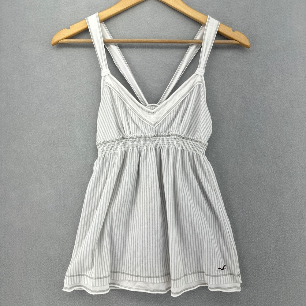 Y2K Hollister Babydoll Striped Gray White Smocked Empire Waist Tie Back Cami Top